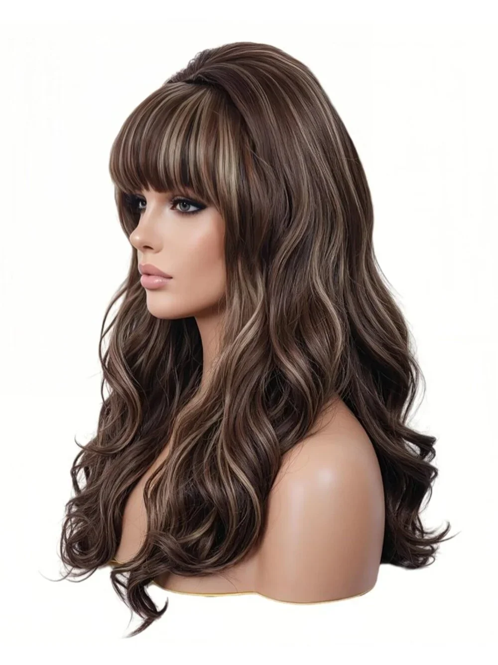 Women's Brown Mixed Heat Resistant Synthetic Fiber Retro Long Wavy Wigs Bangs